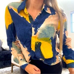 Tie Dye Blue Yellow Button Up V Neckline Long Sleeves Blouse Top Boho Y2K  S